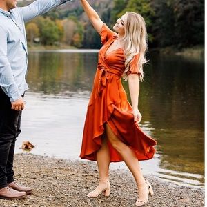 Rust, satin wrap dress. Size small.